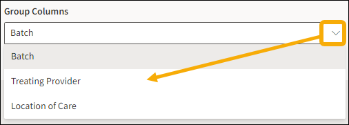 Group Columns with yellow highlight box around the drop down arrow and a yellow arrow pointing downwards to the menu options.